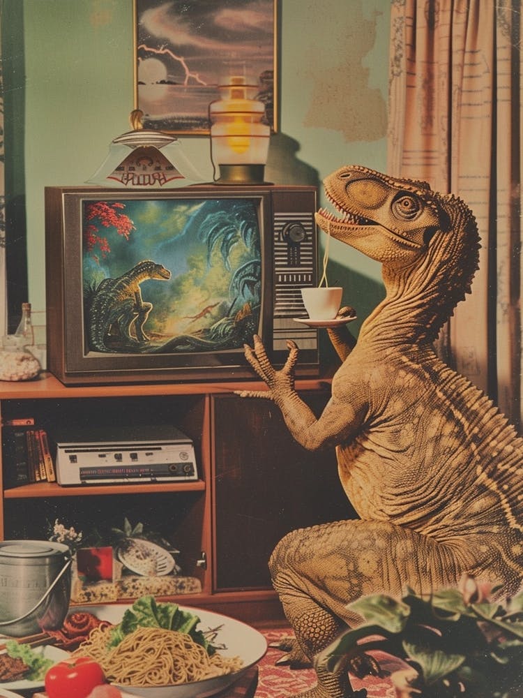 Dinosaur Watching Tv Retro Collage