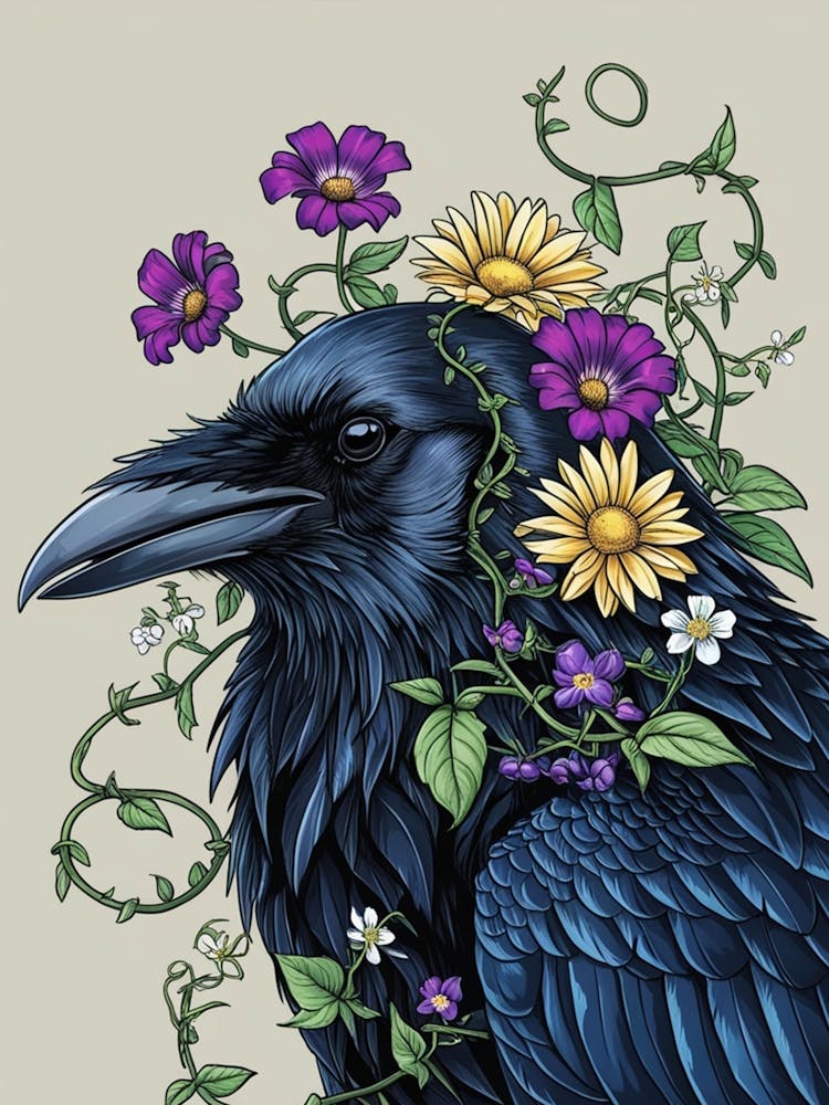 Raven With Flowers