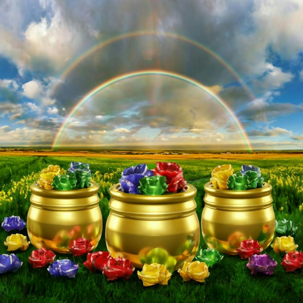 A Stunning Image Of Four Pots Of Gold Each With