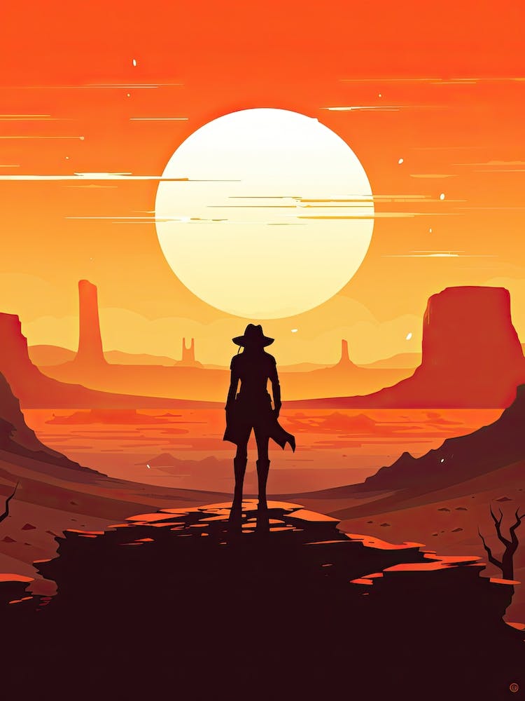 Cowgirl Riding A Horse In The Desert Orange Tones Illustration 13