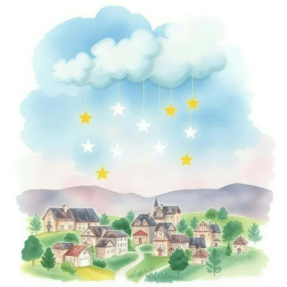Watercolor Village With Stars