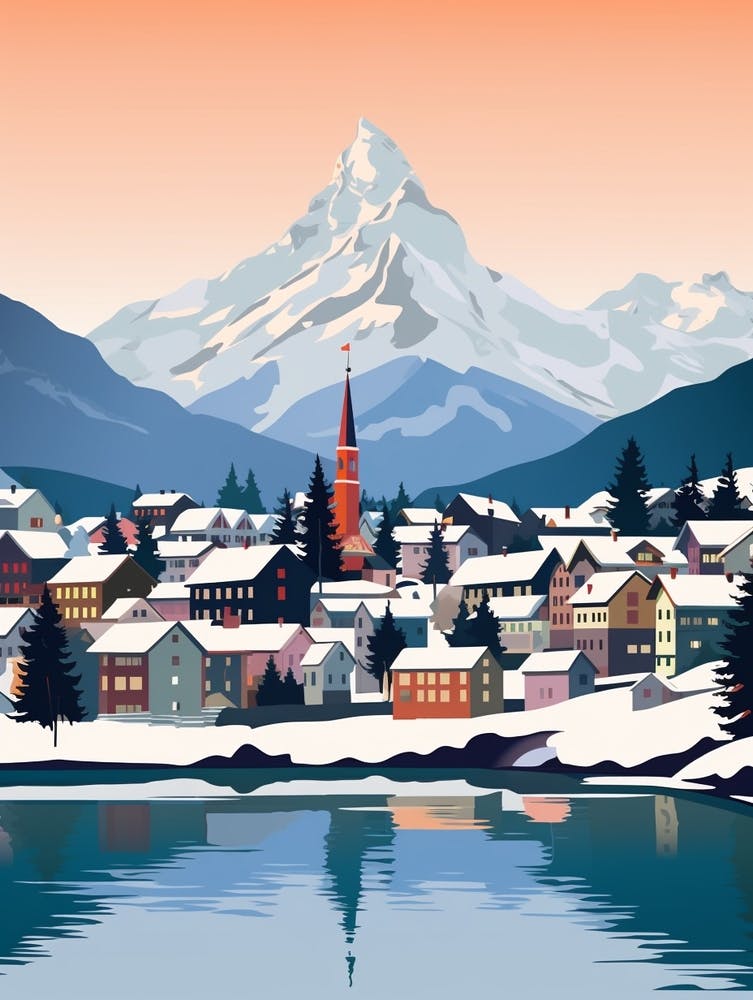 Retro Winter Illustration Lucerne Switzerland 1