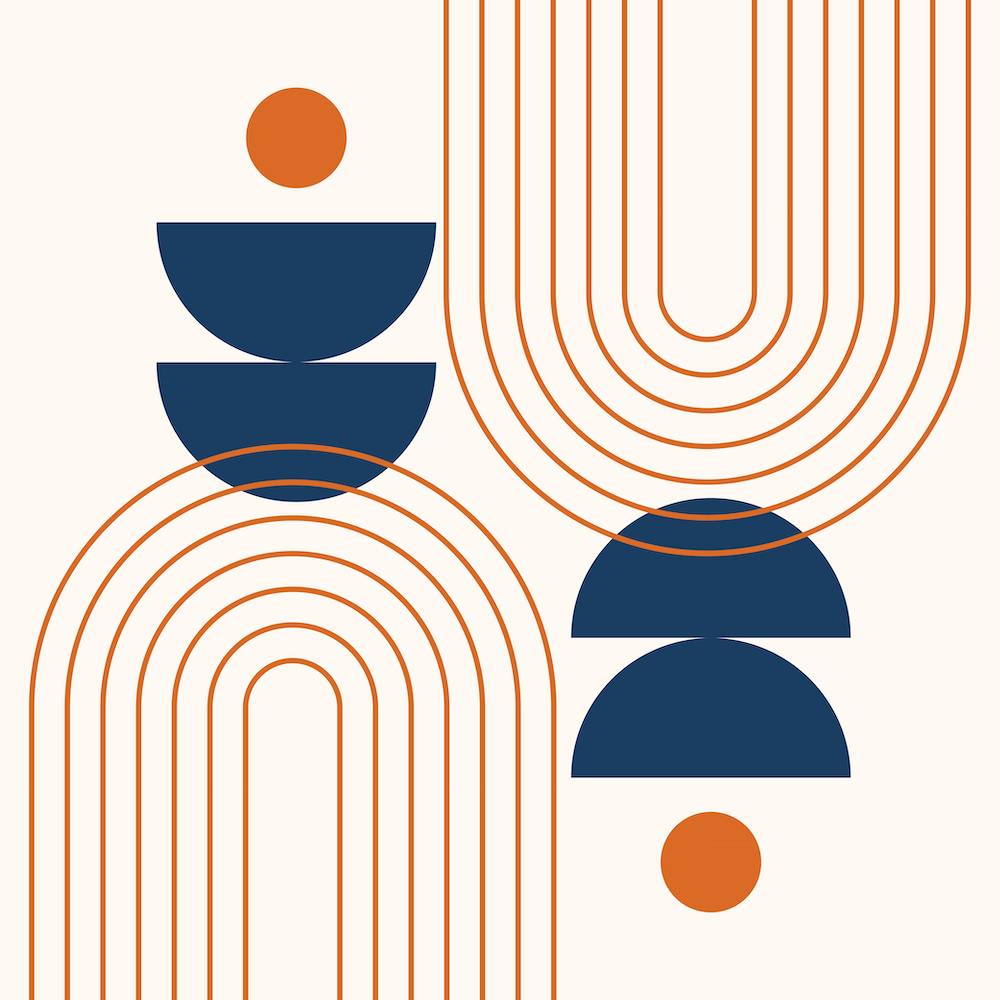 Mid Century Modern Geometric Rainbow, Sun and Moon Phases Abstract in Navy Blue Orange Theme 1