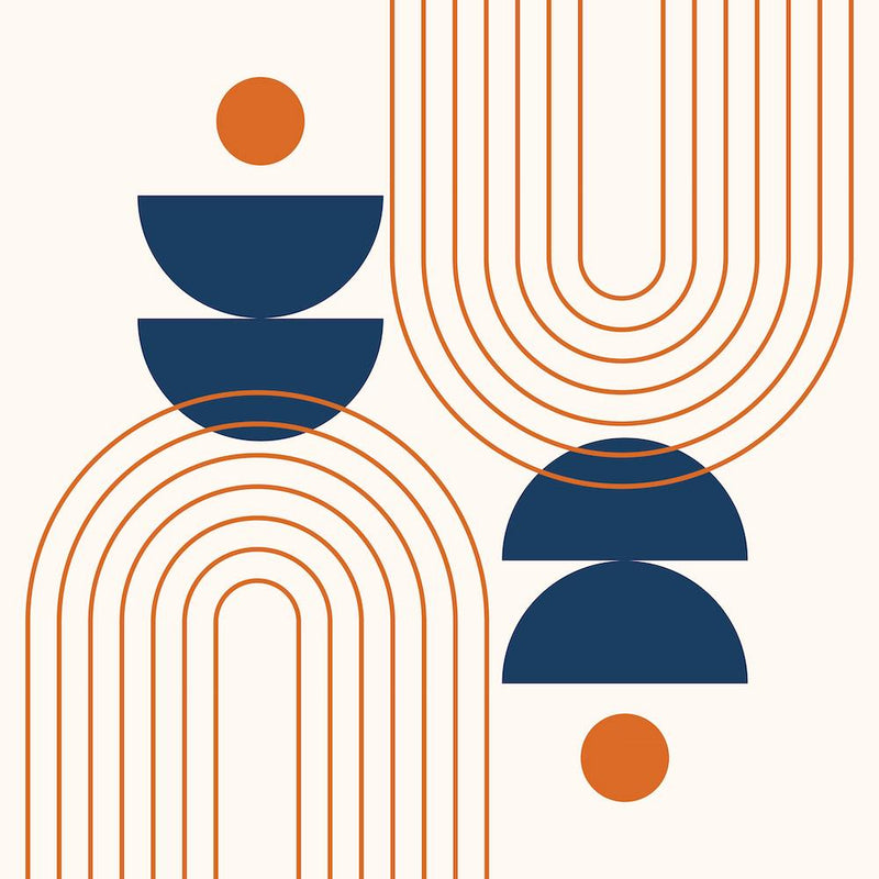 Mid Century Modern Geometric Rainbow, Sun and Moon Phases Abstract in Navy Blue Orange Theme 1