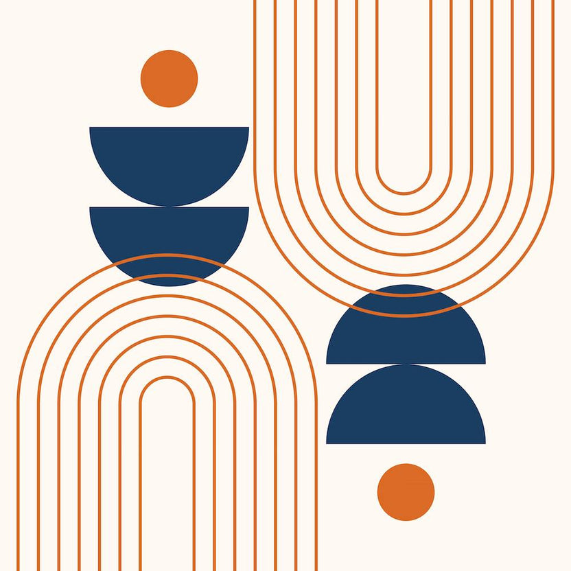 Mid Century Modern Geometric Rainbow, Sun and Moon Phases Abstract in Navy Blue Orange Theme 1