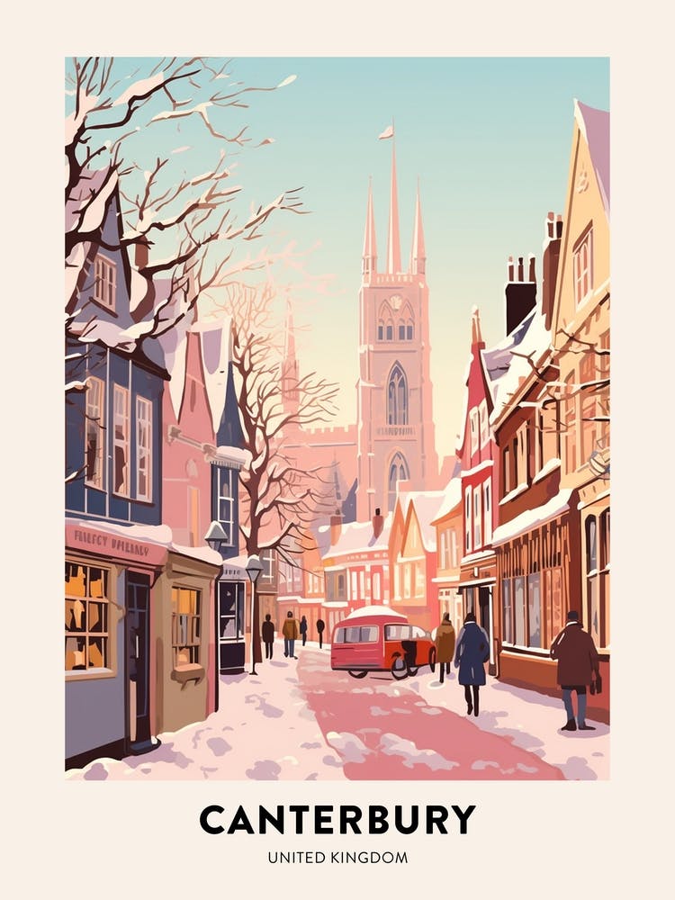 Vintage Winter Travel Poster Canterbury United Kingdom 2