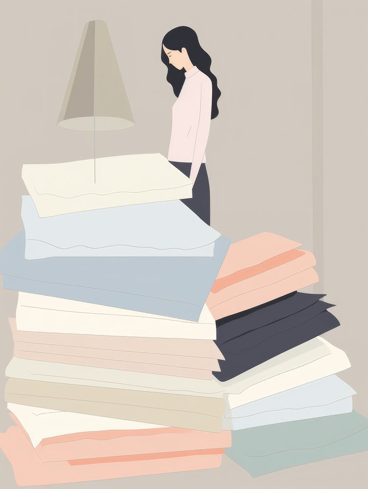 Woman Standing In Front Of A Pile Of Sheets