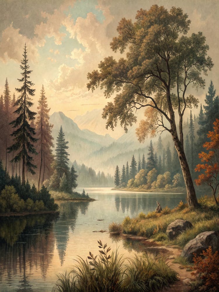 Oil Painting Style Low Contrast Lake And Trees