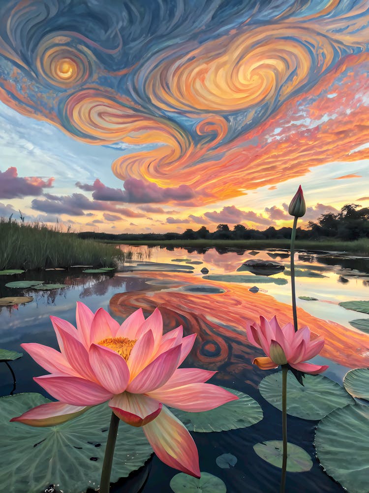 Van Gogh Lotus Sunset Swirling Sky & Pond Reflections