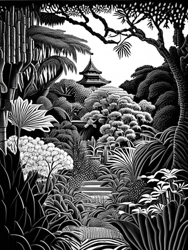 Shanghai Botanical Garden, 1, China Linocut Black And White Vintage