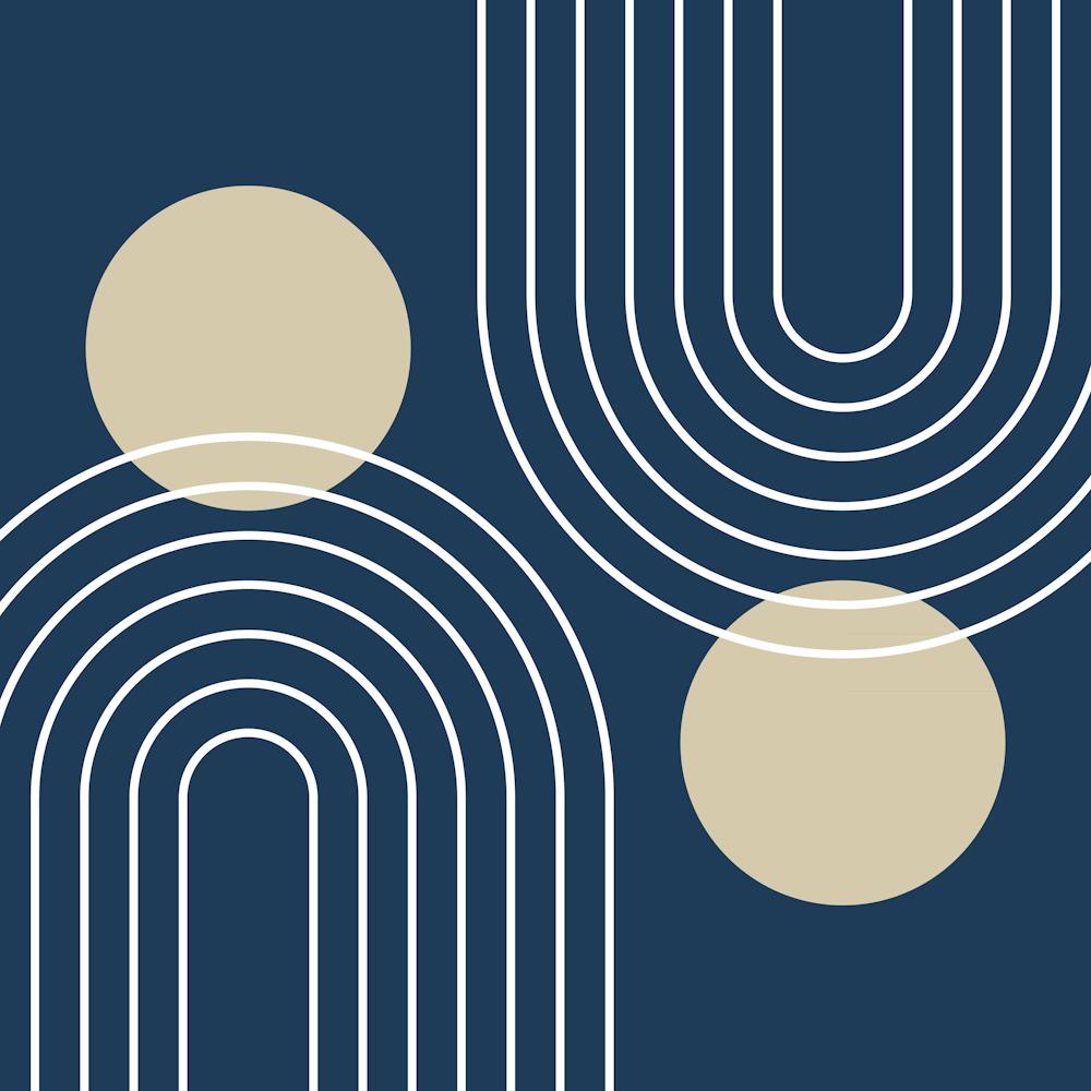 Mid Century Modern Geometric In Navy Blue And Beige (Rainbow And Sun Abstract) 02