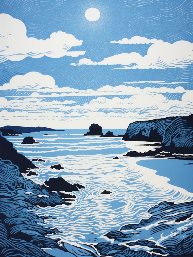 Linocut Of Cemaes Bay Anglesey Wales 4