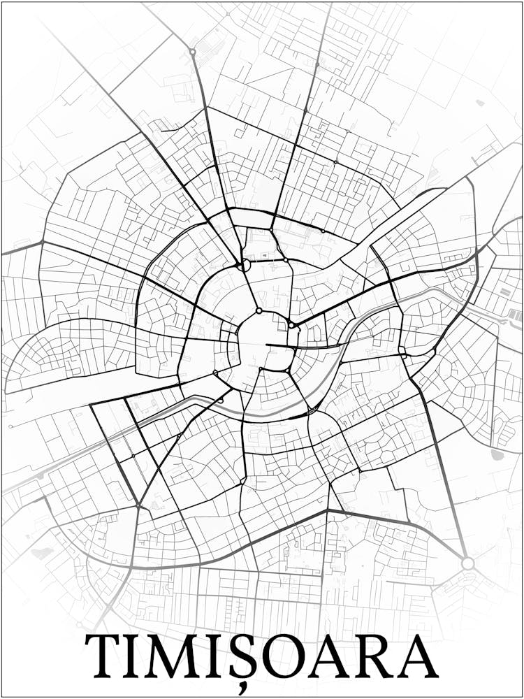 Timișoara, Romania, City Map, Black And White Fade Design