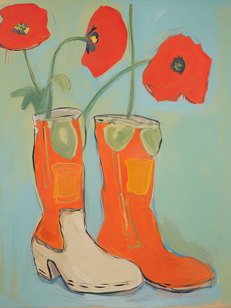 Gemälde von roten Blumen und Cowboystiefeln, Öl-Stil 4