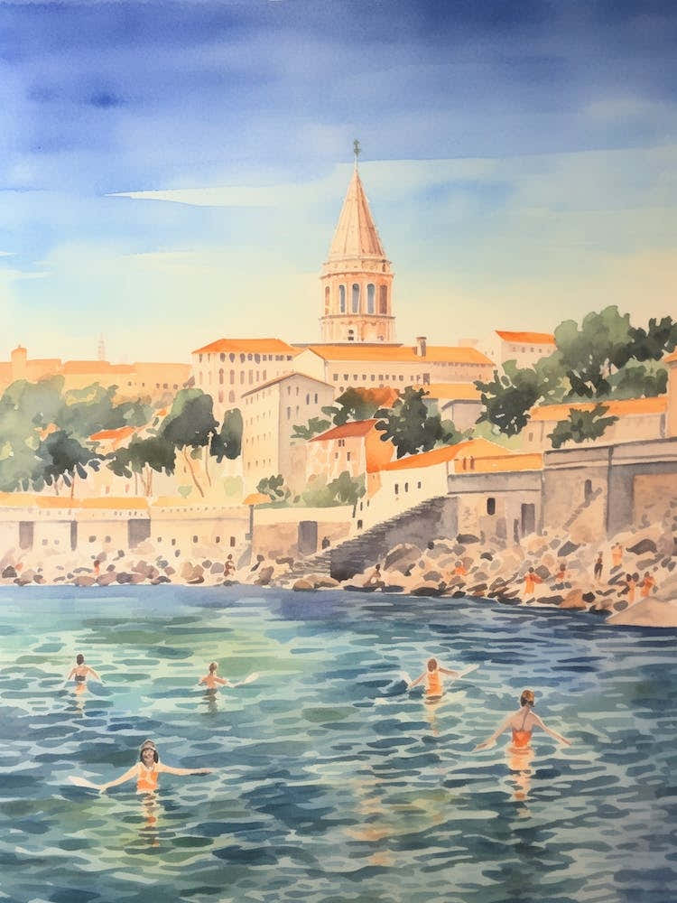 Swimming In Pula Croatia Watercolour