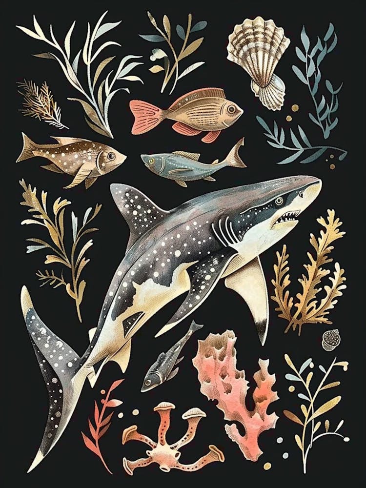 Shark In The Ocean Seascape Black Background Illustration 2