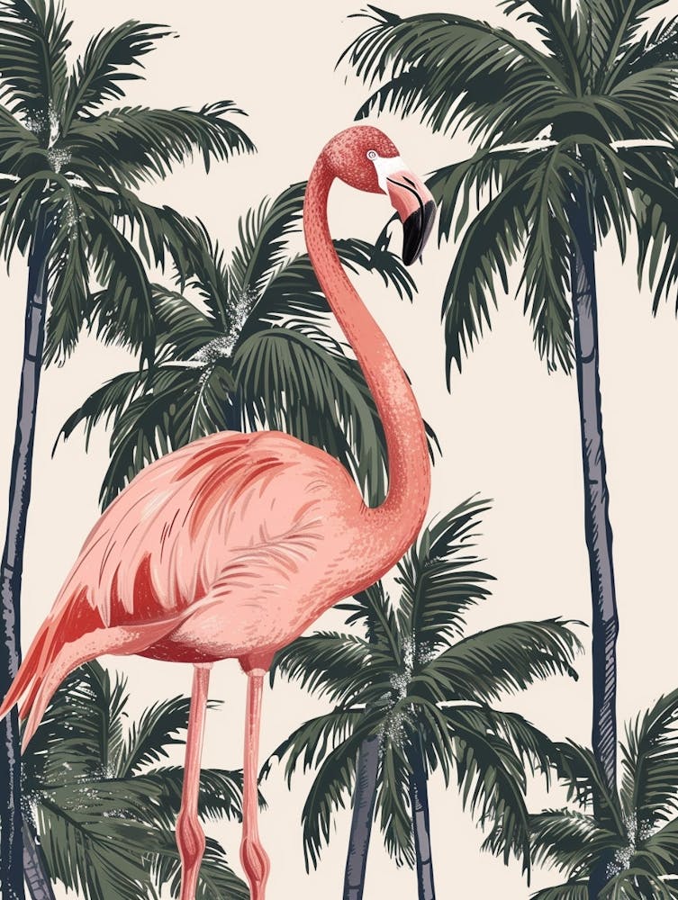 Lesser Flamingo And Palm Trees Minimalist Illustration 2