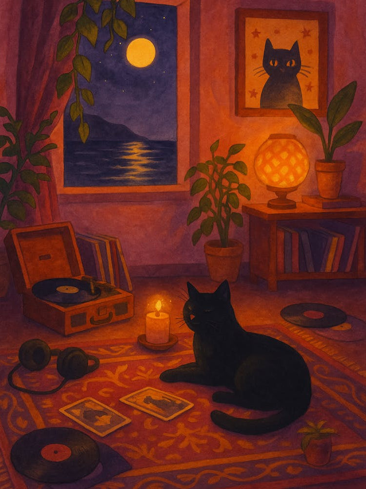 Black Cat Moonlight Poster - Vintage Record Player Wall Art Witchy Cozy Room Decor