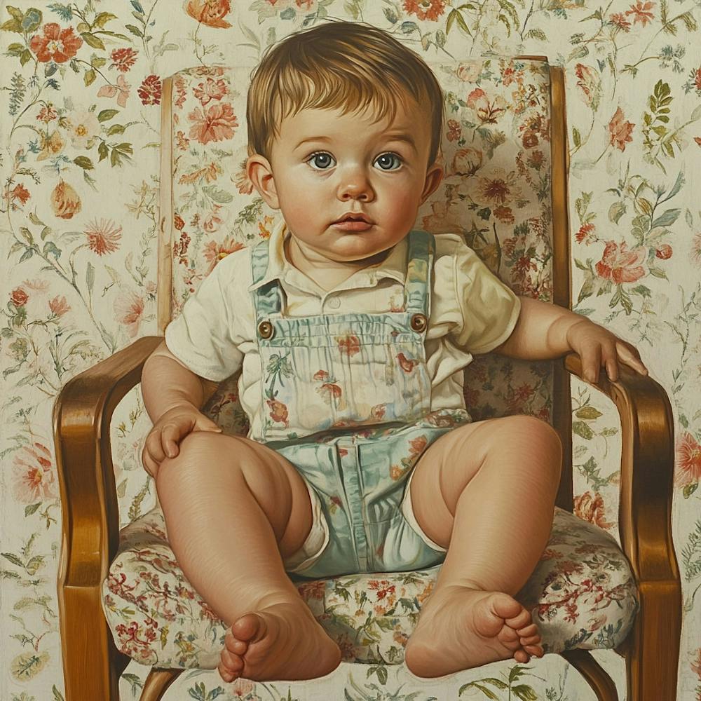 'Baby im Stuhl' Vintage-Gemälde