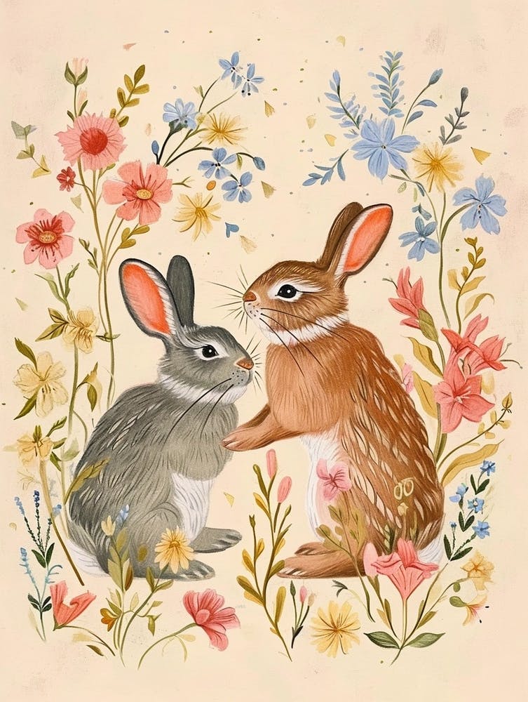 Folksy Floral Animal Drawing Rabbit