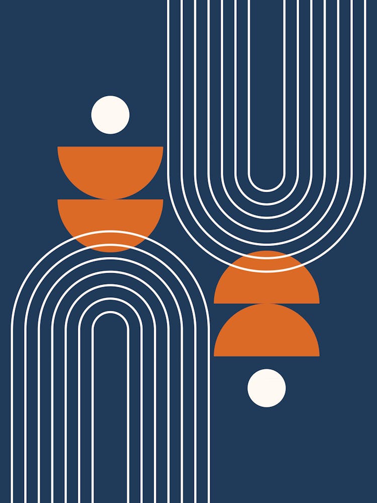 Modern Mid Century Sun, Moon Phases and Rainbow Abstract 26 in Navy Blue and Burnt Orange