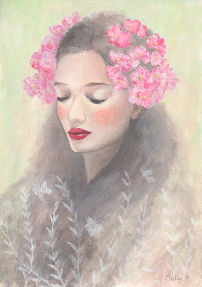 Woman With Pink Flowers Hair