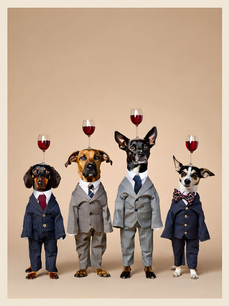 Yappy Hour Professionals: Funny Dogs in Suits Balancing Wine