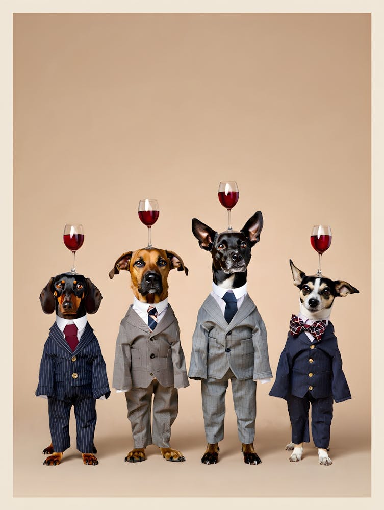 Yappy Hour Professionals: Funny Dogs in Suits Balancing Wine