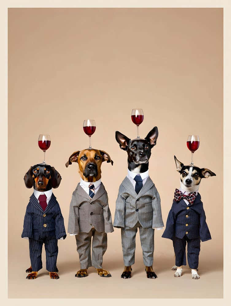 Yappy Hour Professionals: Funny Dogs in Suits Balancing Wine