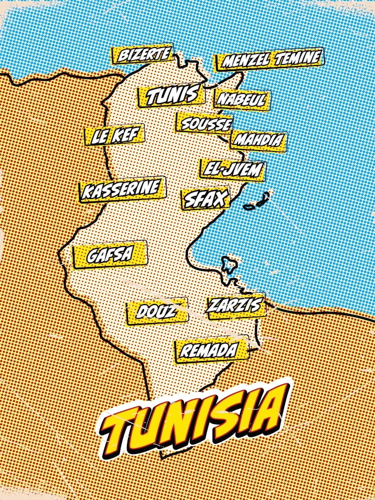 Vintage Pop Art Map Of Tunisia