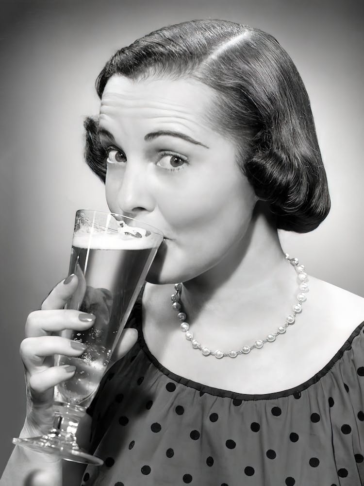 Woman Drinking A Beer Vintage Black and White Photo