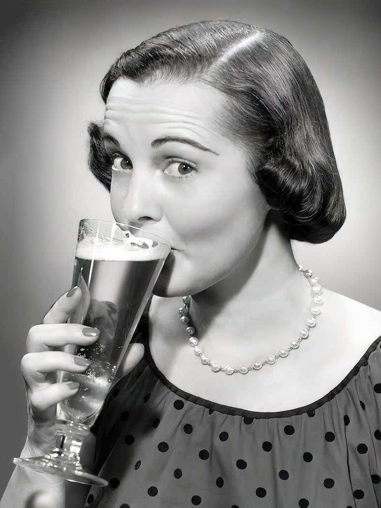 Woman Drinking A Beer Vintage Black and White Photo