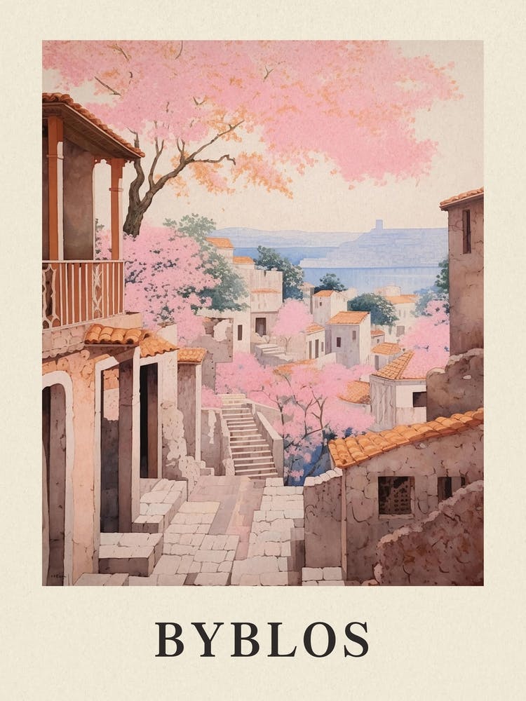 Byblos Lebanon 2 Vintage Pink Travel Illustration Poster