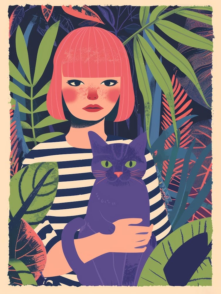 Girl With Cat In The Jungle
