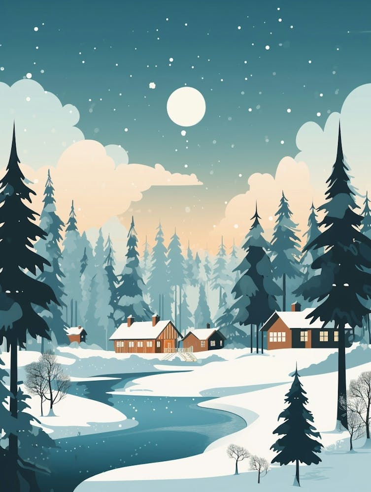 Winternacht Reiseillustration Rovaniemi Finnland