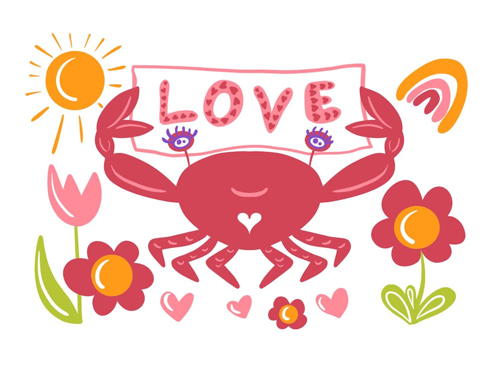 Crab Love Activist with Flowers Sun Hearts Holding a Banner with Hand Lettering LOVE