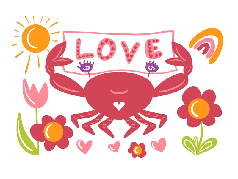 Crab Love Activist with Flowers Sun Hearts Holding a Banner with Hand Lettering LOVE