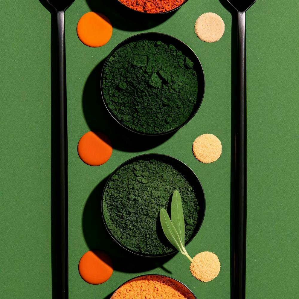 Four Bowls Of Different Colored Powders