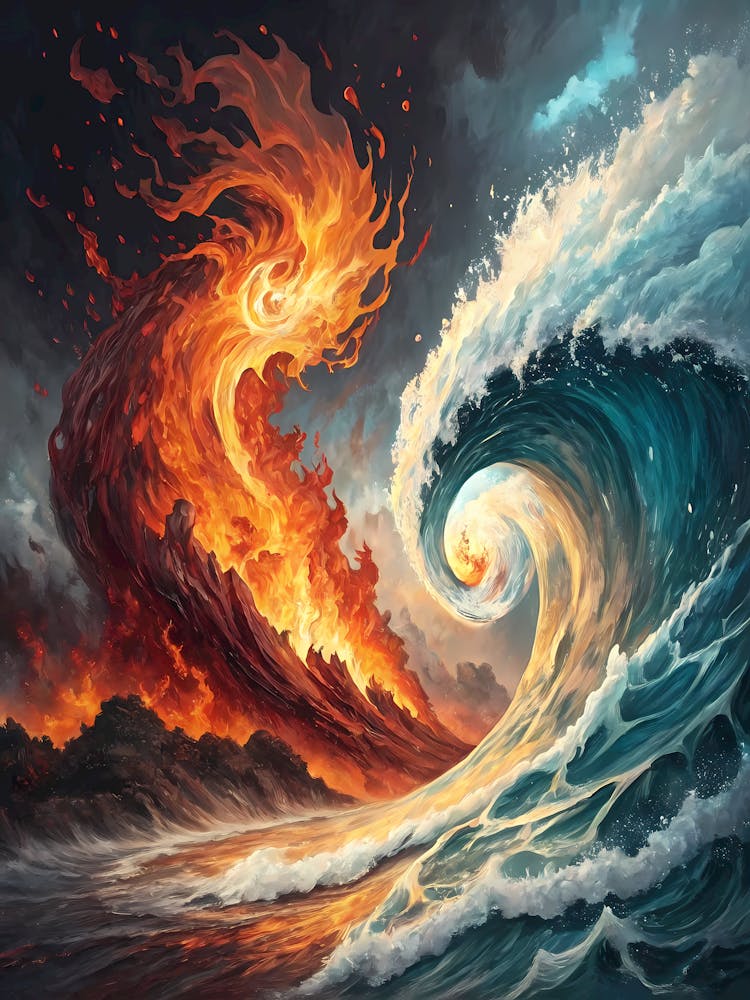 Oil Painting Style Elemental Fury Fire & Water Clash - Dynamic Waves & Flames