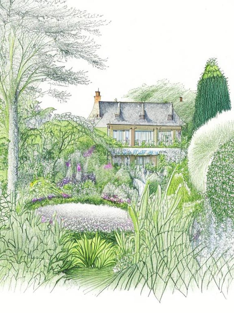 Hidcote Manor Garden, United Kingdom Vintage Pencil Drawing