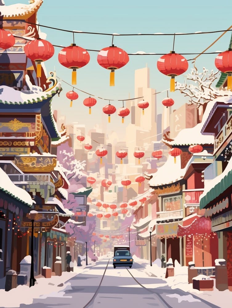 Vintage Winter Travel Illustration Beijing China 1