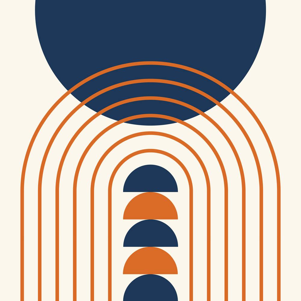 Modern Mid Century Gateway Sun Moon Rainbow 14 Abstract in Navy Blue Burnt Orange 4