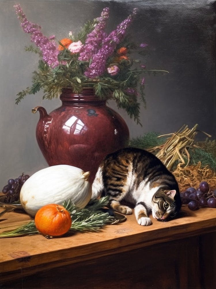 Painting Of A Still Life Of A Heather With A Cat, Realism 4