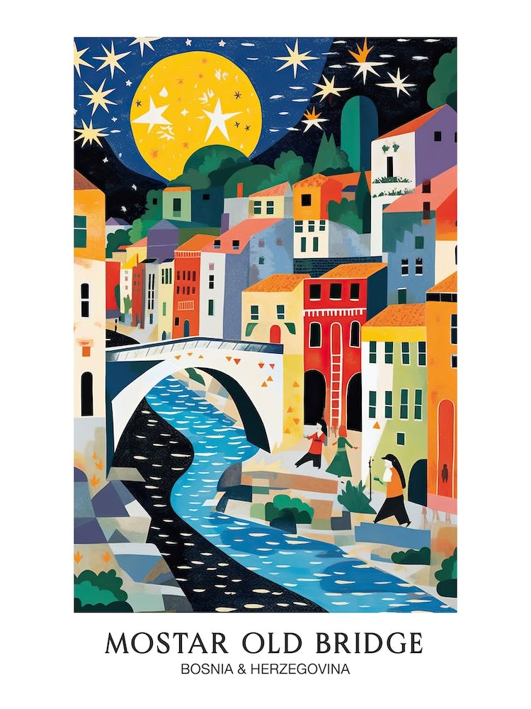 Mostar Old Bridge, Bosnia & Herzegovina Colourful 4 Travel Poster