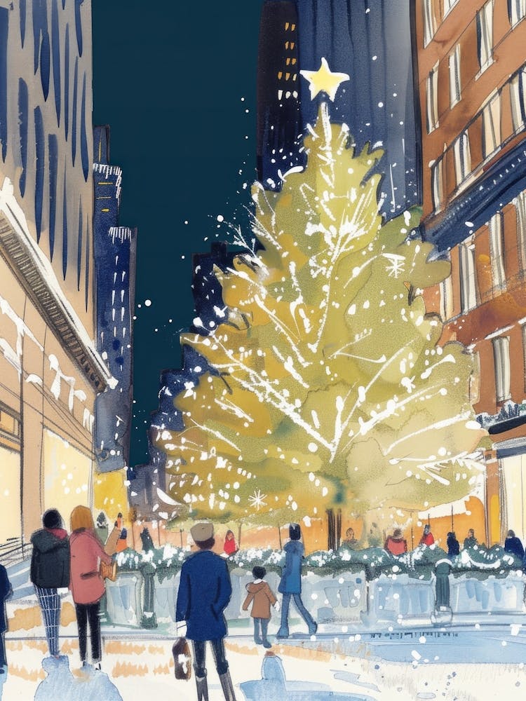 Grand sapin de Noël à New York. Aquarelle Rétro