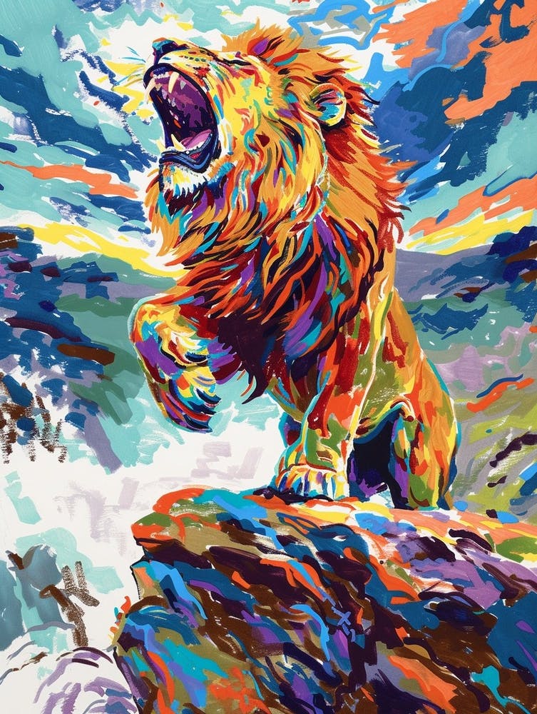 Masai Lion Roaring On A Cliff Fauvist Painting 2