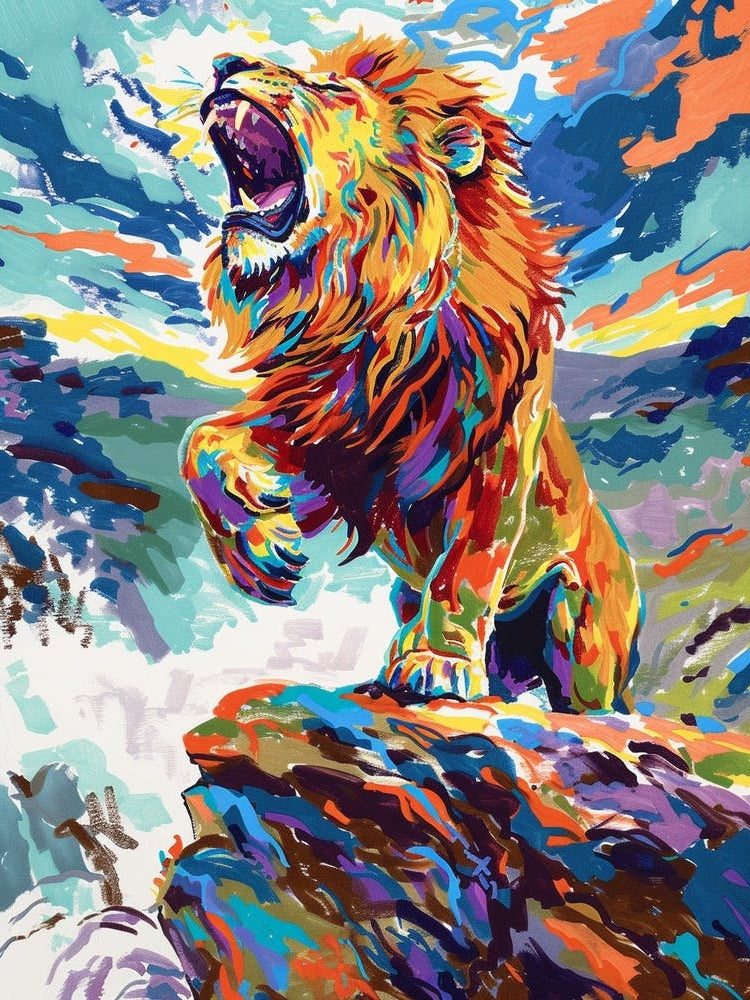 Masai Lion Roaring On A Cliff Fauvist Painting 2