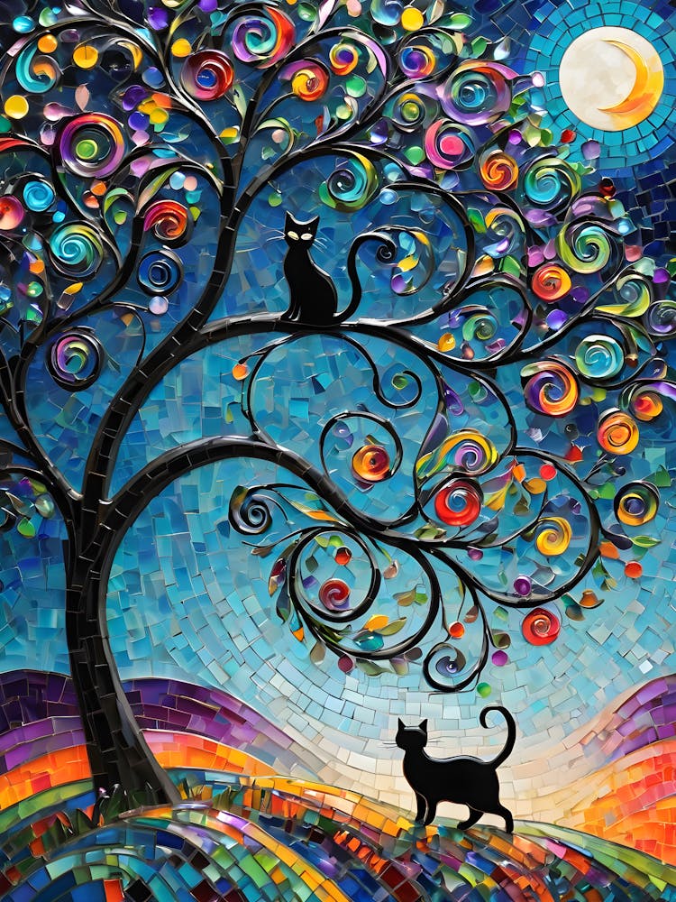 Hello Friend - Beautiful Rainbow Mosiac of Whimsical Black Cats Watching the Full Moon Whimsy Kitty Art for Cat Lover, Cat Lady, Chakra Pride Pagan Witch Colorful HD