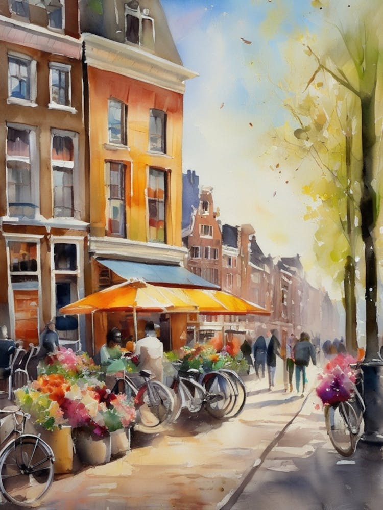 Amsterdam cafes, Amsterdam spring, spring oil paintings, pedestrians on the street, spring clothes, Amsterdam prints, travel gifts, Amsterdam posters.72 3