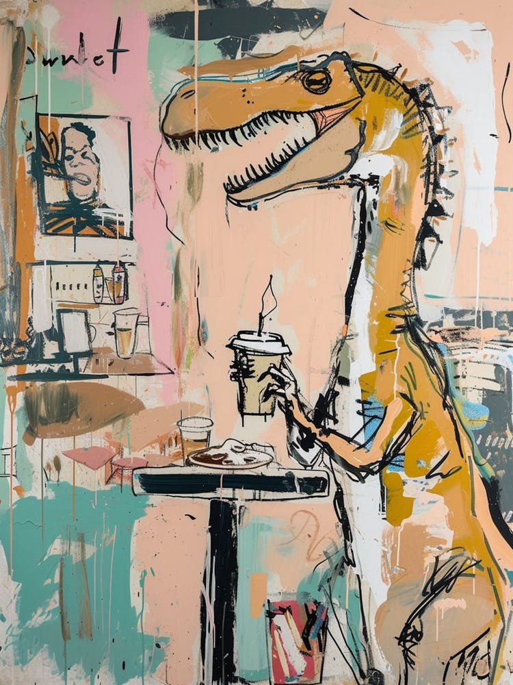 Graffiti-Stil Dinosaurier trinkt Kaffee in einem Café 4